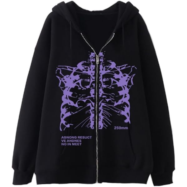 Men Women Y2K Skeleton Zip Up Hoodie Emo Gothic Oversized Grunge